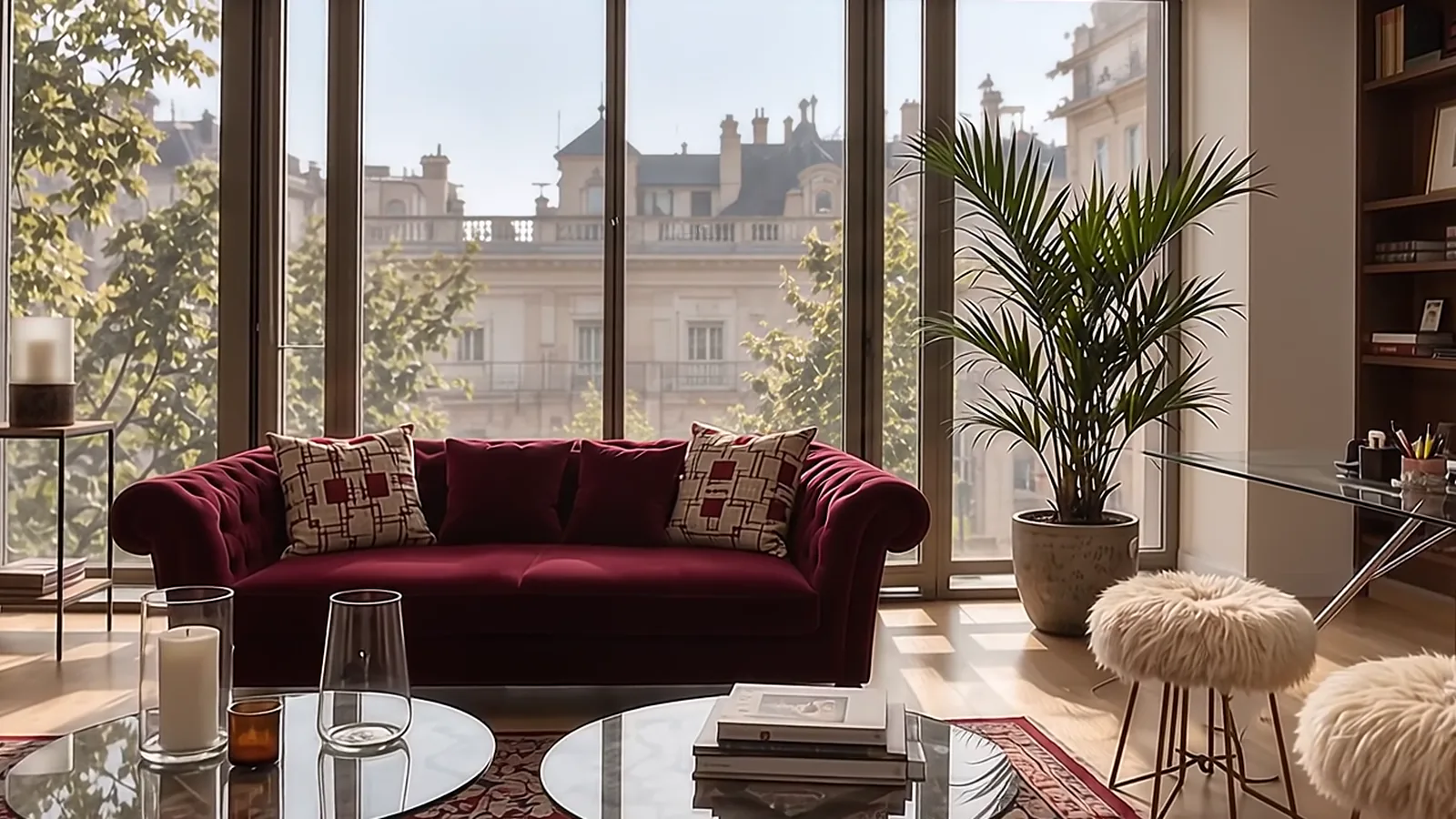 Visual interpretation of the seating area by the windows and palm in the Copló Ordás office